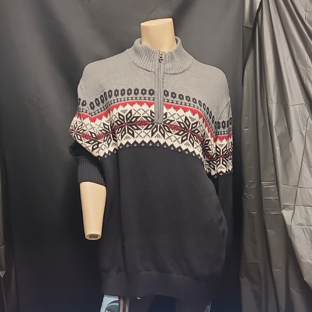 Weatherproof Gray and Black Nordic Zip-Up Sweater PTP: 22"